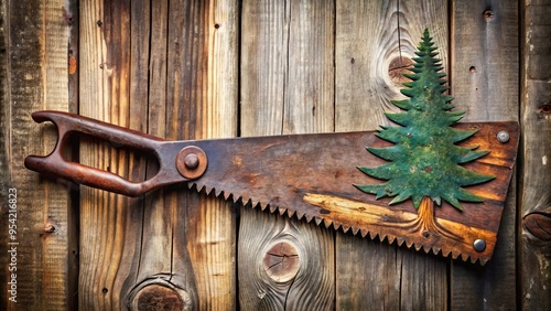 Rusty saw blade with worn wooden handle serves as makeshift signage, bearing a rough, hand-painted logo resembling a