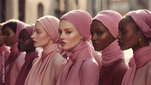 Group of young women wearing pink head scarves looking to the side. photo