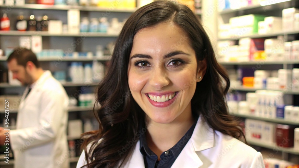 Female pharmacist smiling at the camera in a drugstore pharmacy. Female pharmacist smiling at the camera in a drugstore pharmacy.