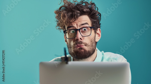 Portrait of confused man looking at computer screen. Puzzled employee, office worker, student or hipster feeling dumb and stupid trying to understand hard complicated stuff or fix PC software