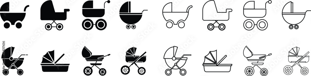 Baby carriage icons Set. Child buggy symbols. kid trolley signs. mother stroller illustration. Newborn baby pushchair in black flat, line styles for app and website isolated on transparent background. Baby carriage icons Set. Child buggy symbols. kid trolley signs. mother stroller illustration. Newborn baby pushchair in black flat, line styles for app and website isolated on transparent background.
