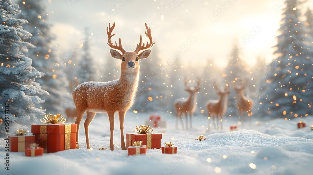 A joyful Xmas winter composition featuring realistic deer of various sizes, gift boxes, snowy trees, and gold confetti on a bright festive background, rendered in Cartoon 3D animation, Vector A joyful Xmas winter composition featuring realistic deer of various sizes, gift boxes, snowy trees, and gold confetti on a bright festive background, rendered in Cartoon 3D animation, Vector