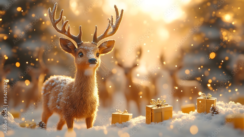 A joyful Xmas winter composition featuring realistic deer of various sizes, gift boxes, snowy trees, and gold confetti on a bright festive background, rendered in Cartoon 3D animation, Vector A joyful Xmas winter composition featuring realistic deer of various sizes, gift boxes, snowy trees, and gold confetti on a bright festive background, rendered in Cartoon 3D animation, Vector