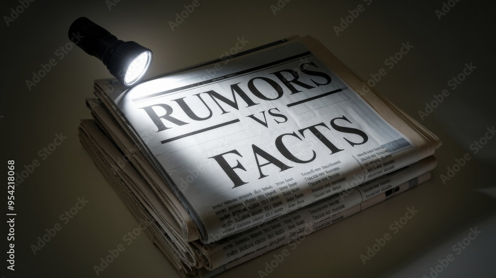 Stack of newspapers with flashlight highlighting the word 'facts' amidst 'rumors' - media scrutiny - investigative journalism - truth vs misinformation