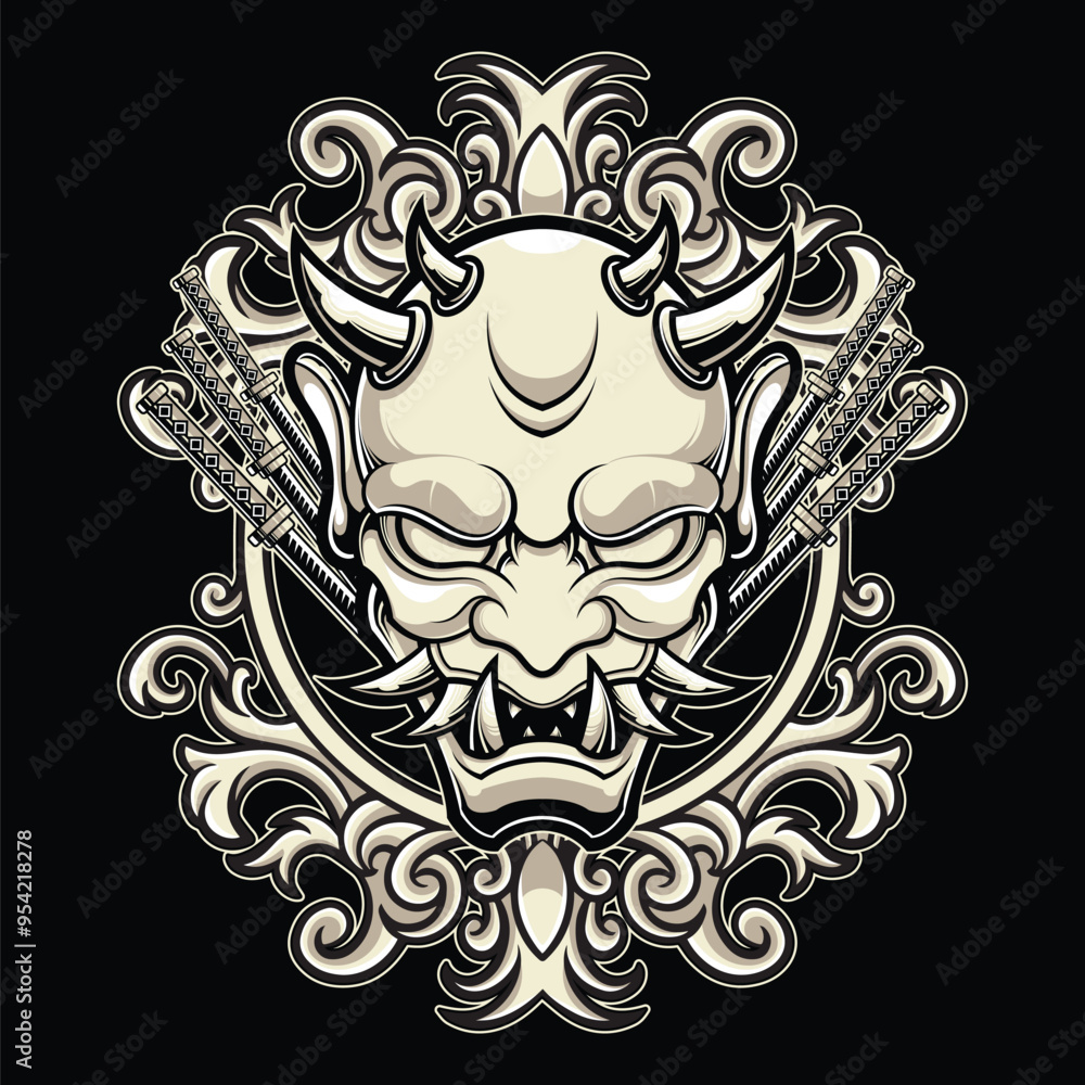 Fototapeta premium Hannya Oni Mask Illustration With Detailed Illustration Ornament Frame Background