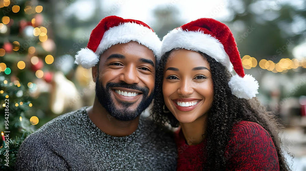 Happy interracial couple in Santa hats. Happy interracial couple in Santa hats.