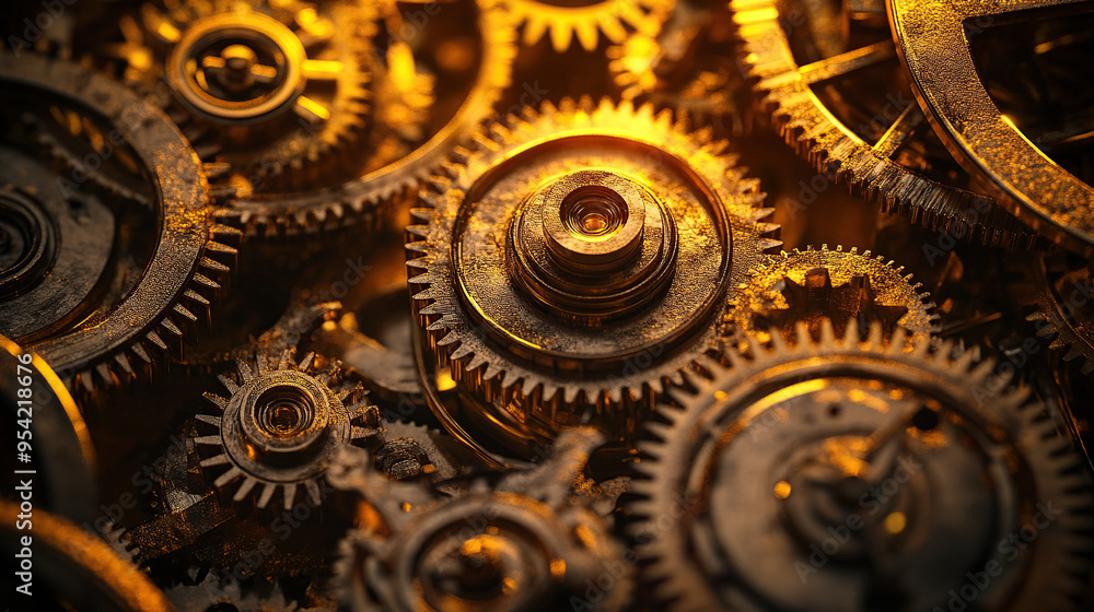Close-up of intricate gears and cogs in an old clockwork Close-up of intricate gears and cogs in an old clockwork
