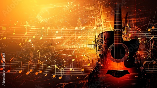 A guitar on a musical note background with sparks. photo