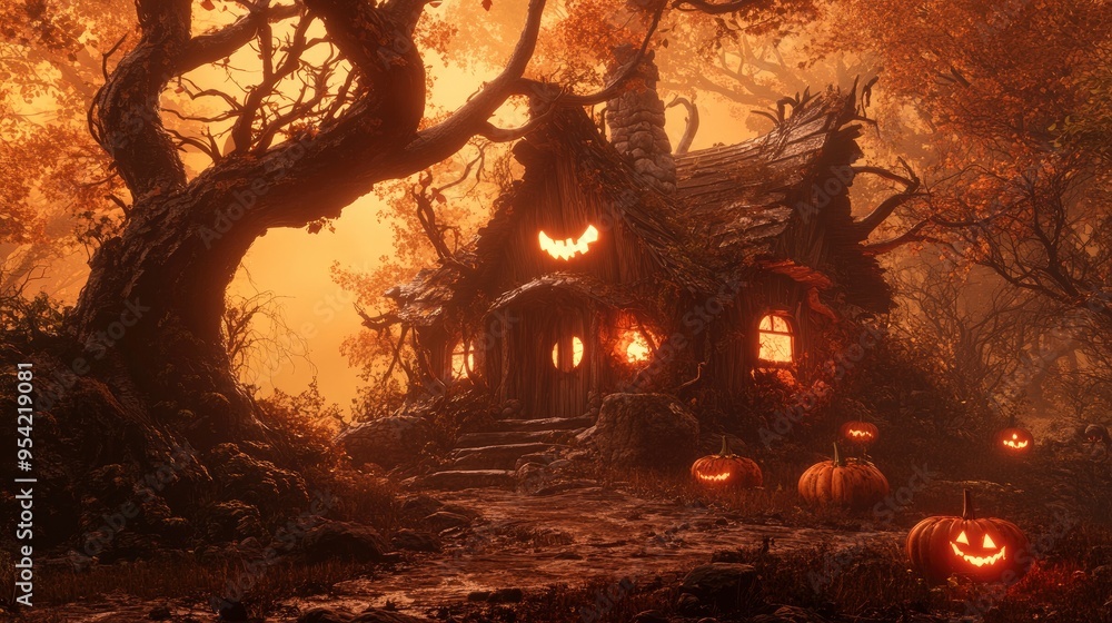 A charming, rustic-style cabin nestled in a forested landscape, its wooden exterior draped in a macabre display of gnarled. A charming, rustic-style cabin nestled in a forested landscape, its wooden exterior draped in a macabre display of gnarled.