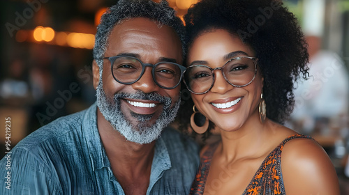 Happy senior couple wearing eyeglasses and smiling.