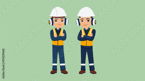 Two industrial workers with earmuffs on white background photo