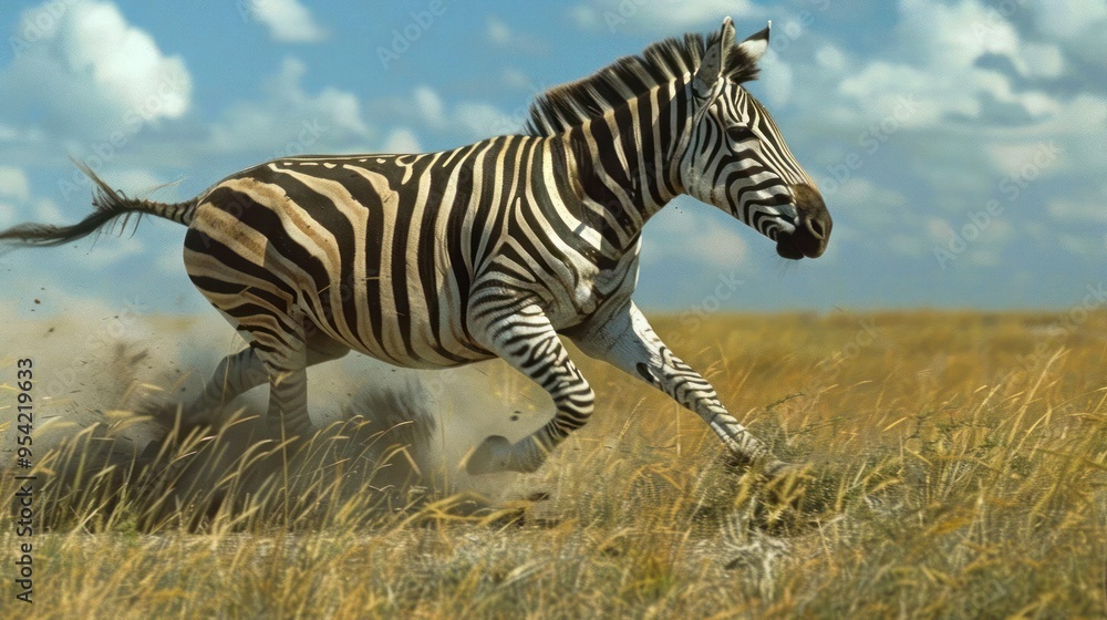 Fototapeta premium Zebra galloping through a grassy field with clear sky in the background.