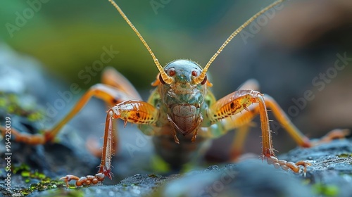 The photo shows a close-up of a large, colorful insect with a patterned body and long legs.