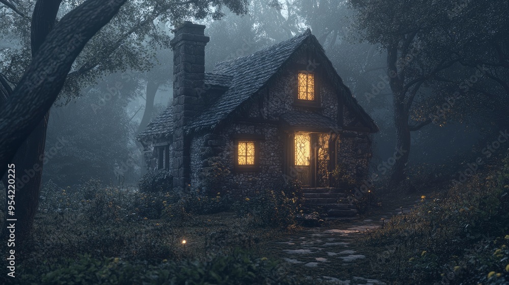 Obraz premium A compact, single-story cottage nestled among a grove of towering, gnarled trees.