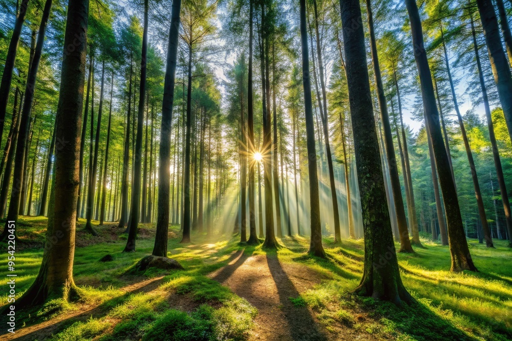 Serene And Tranquil Forest Scene With Tall, Slender Trees Reaching Towards The Sky, Casting Long Shadows On The Lush Undergrowth Below Serene And Tranquil Forest Scene With Tall, Slender Trees Reaching Towards The Sky, Casting Long Shadows On The Lush Undergrowth Below