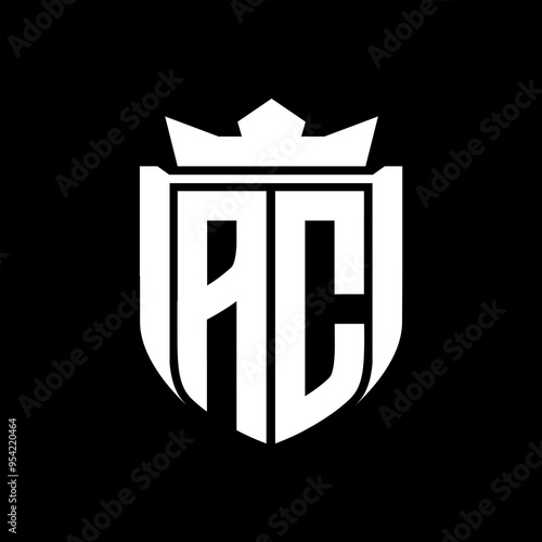 AC Letter logo shield shape inside shield badge crown on black background template design