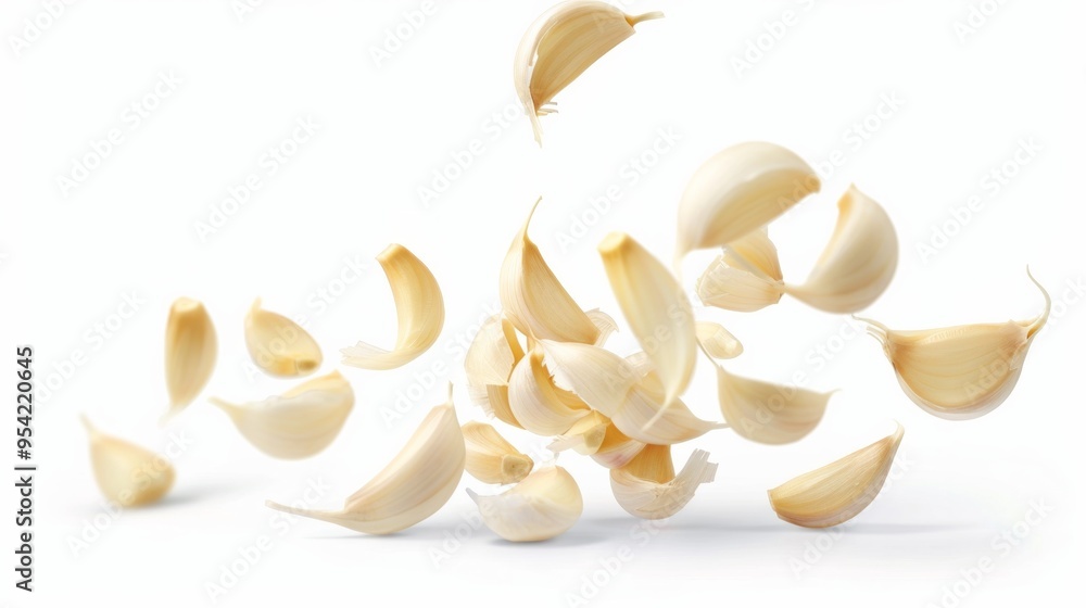 Falling garlic, isolated on white background Falling garlic, isolated on white background