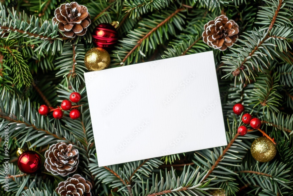 Blank card on Christmas tree branches festive holiday concept Blank card on Christmas tree branches festive holiday concept