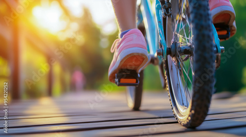 Close-up of pink sneakers pedaling a bicycle on a sunny wooden path photo