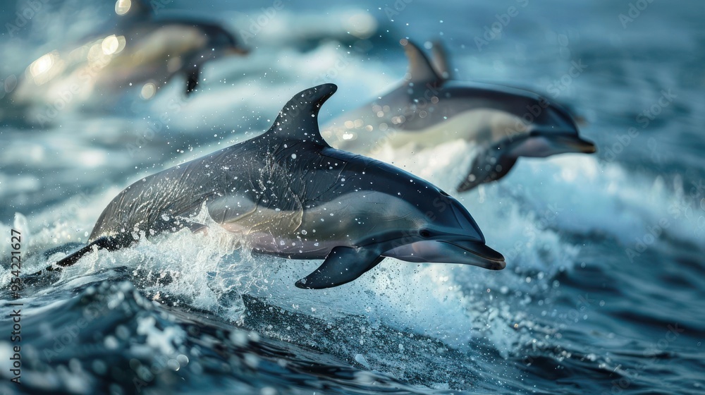 Fototapeta premium A group of dolphins leaping in a blue ocean, possibly after feeding on fish.
