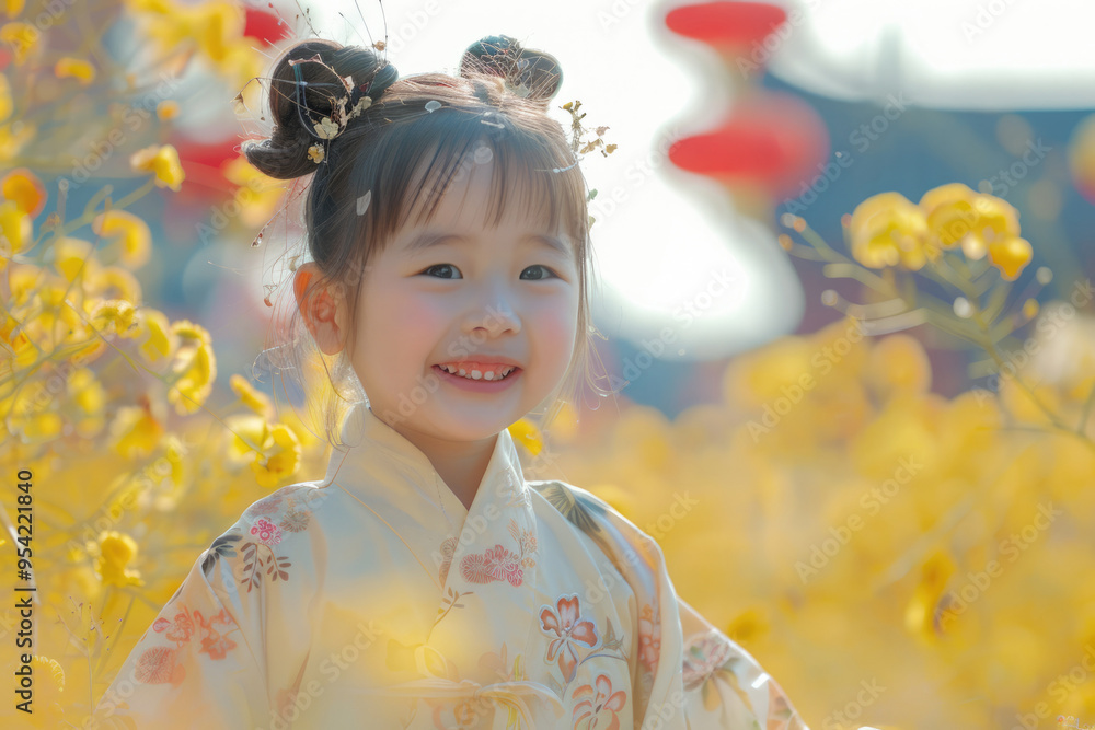 A little girl wearing traditional Chinese clothing is among the yellow flowers A little girl wearing traditional Chinese clothing is among the yellow flowers
