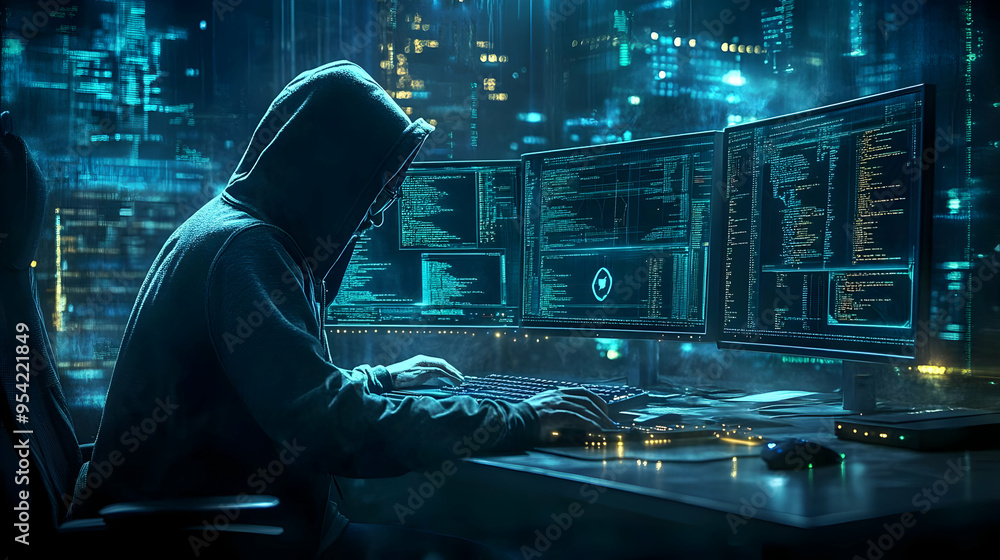 Hooded hacker working late at night with code on the screen. Hooded hacker working late at night with code on the screen.