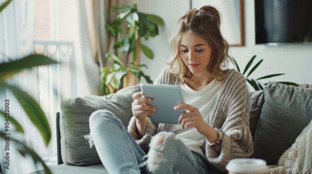 Young pretty woman using tablet and drinking coffee on sofa in light living room Young pretty woman using tablet and drinking coffee on sofa in light living room