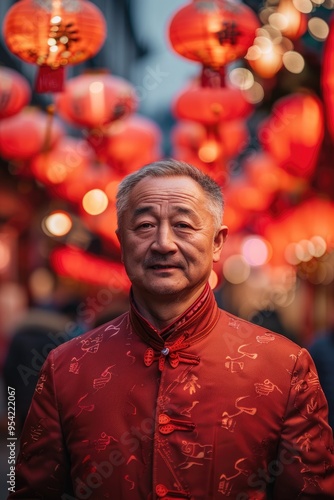 An elderly man wearing traditional Chinese clothing stands under a lantern