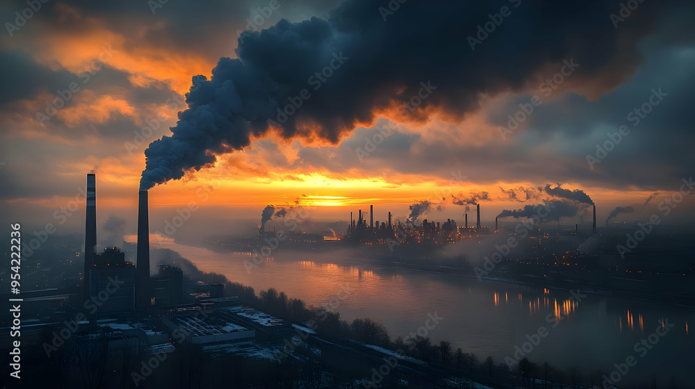 Industrial plant with smoke stacks releasing dark smoke into the sky at sunset over a river. Industrial plant with smoke stacks releasing dark smoke into the sky at sunset over a river.