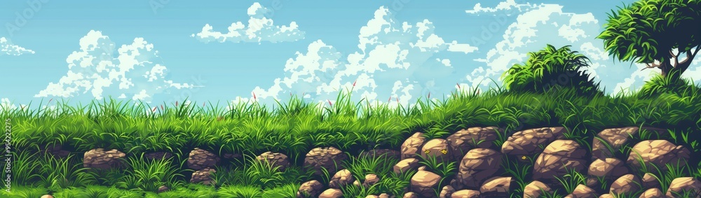 Obraz premium Pixel Art Spring Summer Nature Landscape, Video Game Outdoor Platformer Asset Background, 8bit Retro Trees Grass Meadow Blue Sky Backdrop, Side-scroller Side View Pixelated Valley