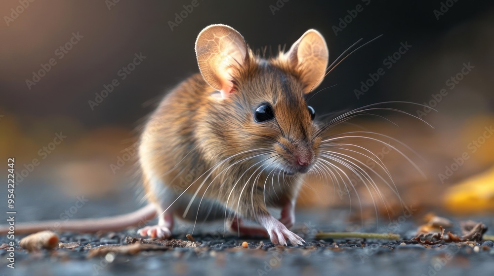 a small, cute mouse with big ears walking among the leaves. a small, cute mouse with big ears walking among the leaves.