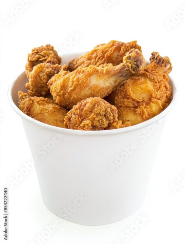 White paper bucket filled with golden fried chicken on an isolated background