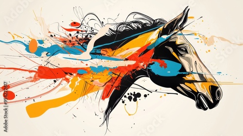 A stylized vector image of a psychedelic horse head, filled with fluid, organic shapes in contrasting colors. The thick black outline adds depth and clarity, while the white background provides a photo