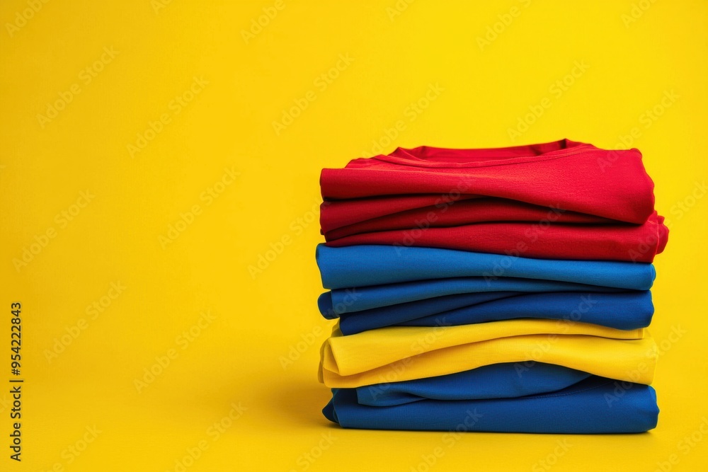 Colorful t-shirts against a yellow background with copy space Colorful t-shirts against a yellow background with copy space