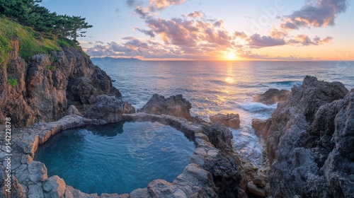 Sunset Over a Rocky Coastline with a Natural Pool