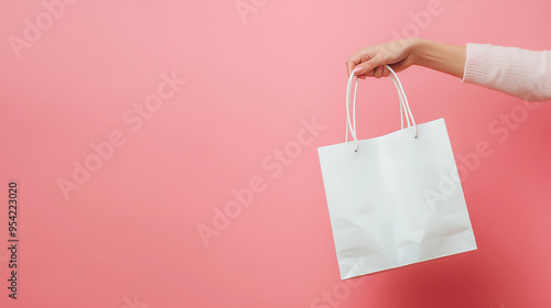 A woman's hand holding a white shopping bag against a pink background