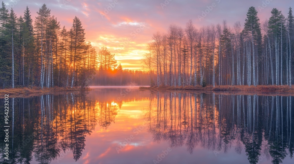 Sunset Reflecting on a Still Lake Surrounded by Trees Sunset Reflecting on a Still Lake Surrounded by Trees