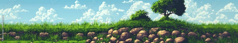 Fototapeta premium Pixel Art Spring Summer Nature Landscape, Video Game Outdoor Platformer Asset Background, 8bit Retro Trees Grass Meadow Blue Sky Backdrop, Side-scroller Side View Pixelated Valley