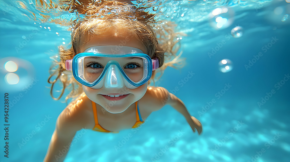 Naklejka premium Little girl with a smile swimming underwater wearing goggles and looking at the camera.