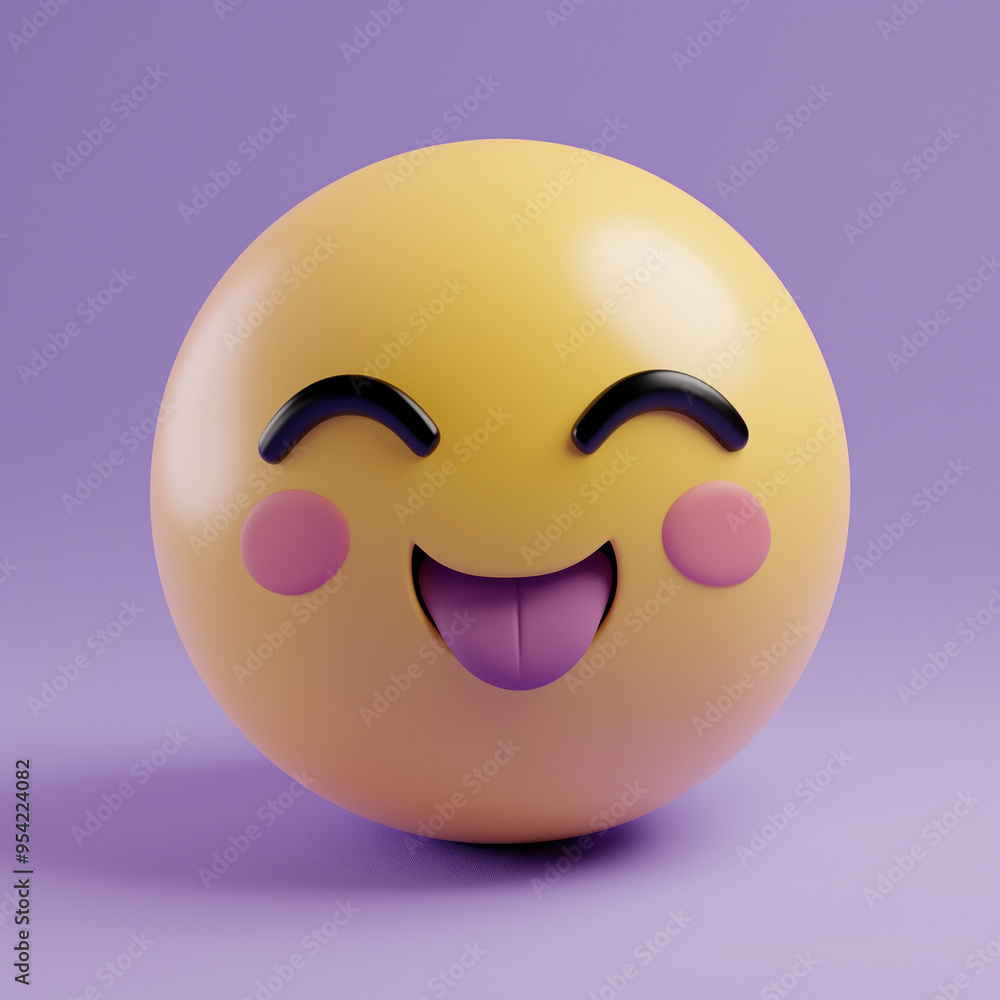 3D Emoji Face with Tongue Out and Smiling Eyes on Purple Background
3D Emoji Face with Tongue Out and Smiling Eyes on Purple Background