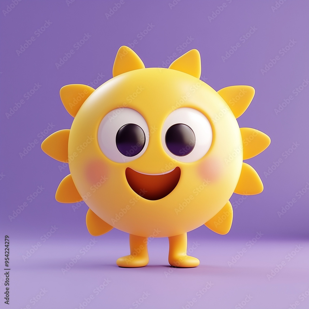 Fototapeta premium 3D Happy Cartoon Sun Character with Big Eyes on Purple Background 