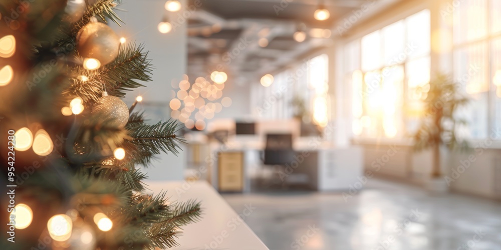 © InfiniteStudio - Christmas tree in modern office with decorations and lights blurred festive workspace concept © InfiniteStudio - Christmas tree in modern office with decorations and lights blurred festive workspace concept