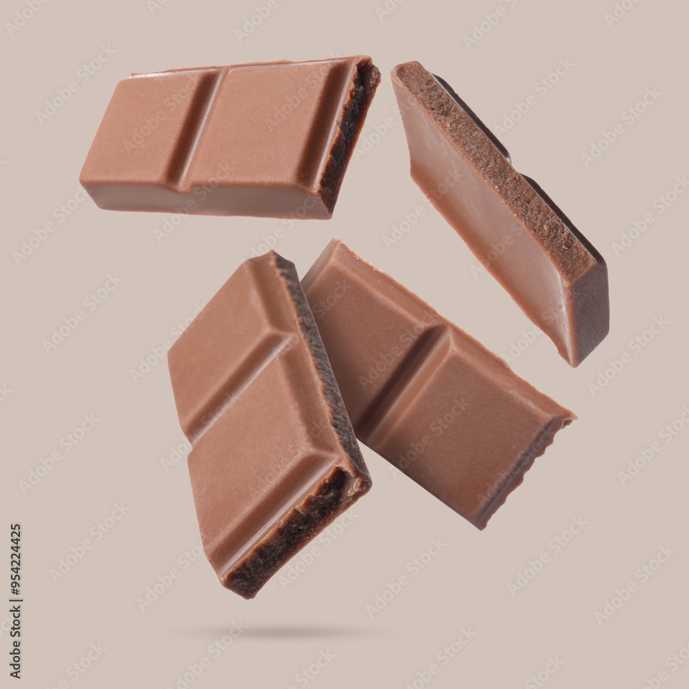 Fototapeta premium Pieces of sweet chocolate falling on beige background