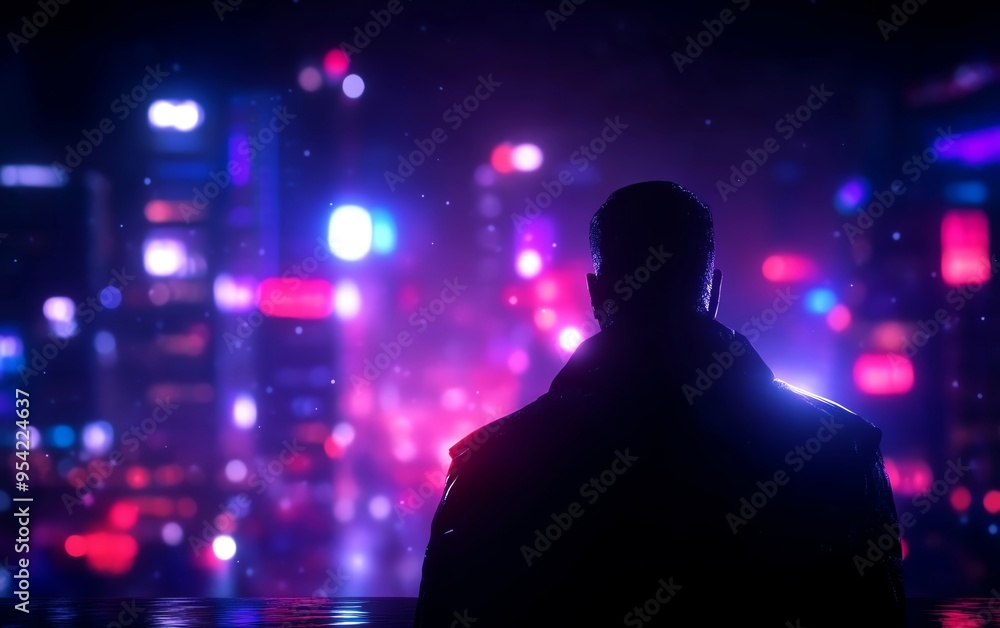 A silhouetted figure gazes at a vibrant, neon city skyline, embodying mystery and modern urban aesthetics. A silhouetted figure gazes at a vibrant, neon city skyline, embodying mystery and modern urban aesthetics.