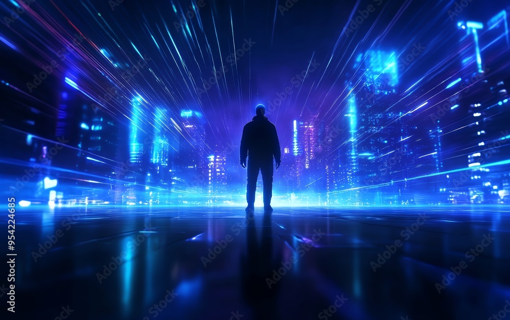 A silhouetted figure stands in a futuristic cityscape, surrounded by vibrant blue lights and dynamic energy, evoking a sense of wonder. A silhouetted figure stands in a futuristic cityscape, surrounded by vibrant blue lights and dynamic energy, evoking a sense of wonder.