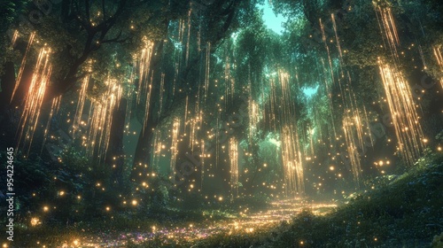 Enchanted Forest Path with Glowing Lights and Golden Raindrops