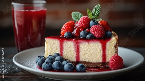 A slice of cheesecake with a berry sauce, topped with fresh berries and a sprig of mint, served on a white plate with a glass of juice. photo