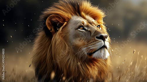 Majestic lion with a flowing mane looking up in a field of tall grass.