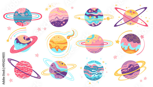 Planets fantasy cartoon set for children. Abstract galaxy planets in flat design. Fantastic cosmos, collection celestial space spheres, colorful planets art. Vector comic design isolated illustration