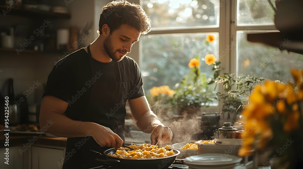 Man cooking in the kitchen while looking down at the food in the pan with his beard and a black t-shirt. Man cooking in the kitchen while looking down at the food in the pan with his beard and a black t-shirt.